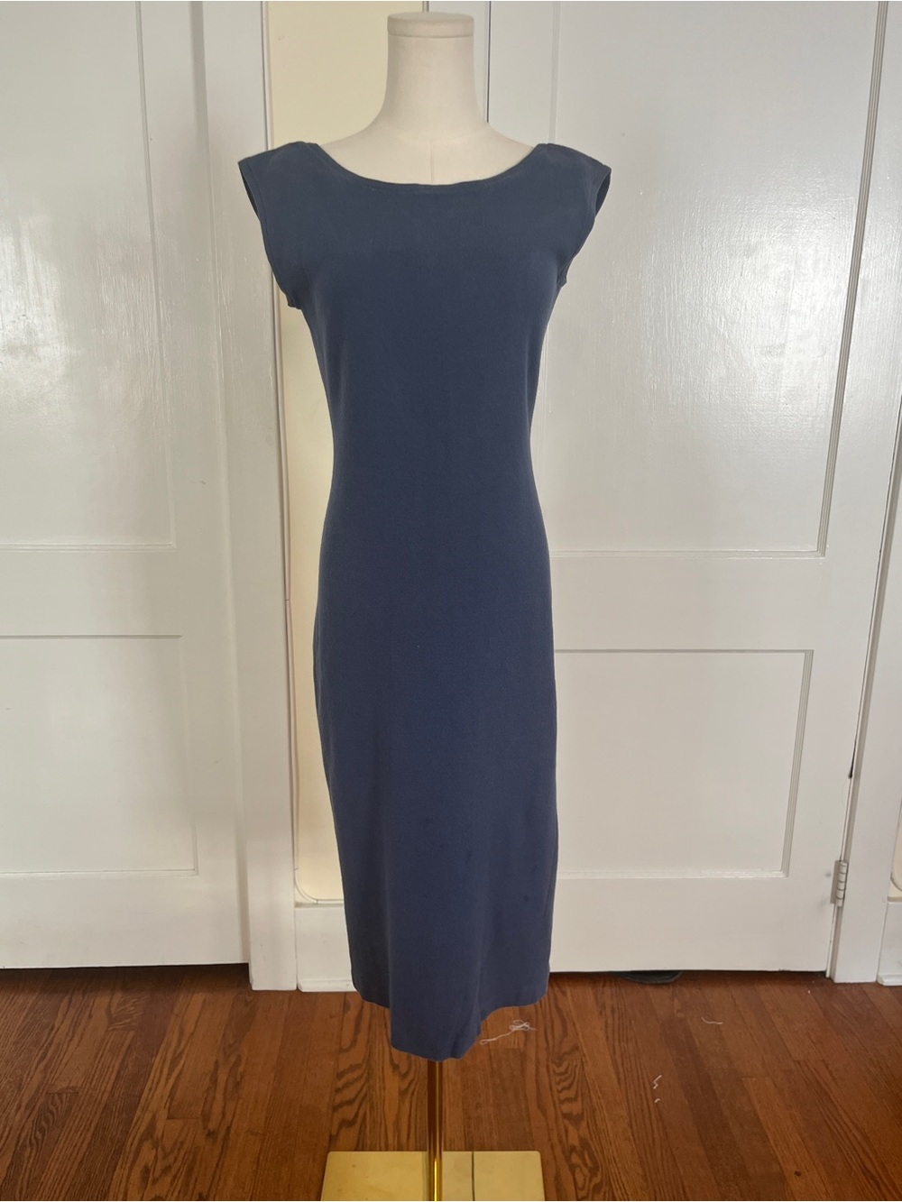 Isaac Mizrahi Sculpted Column Dress — Dramatic Plunging Back | Navy Slate Blue